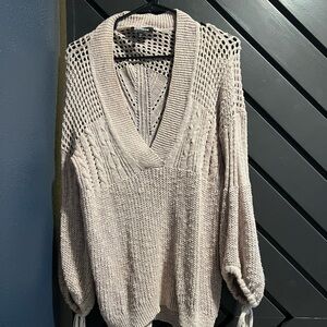 Express Open-Weave V-Neck Sweater in Beige